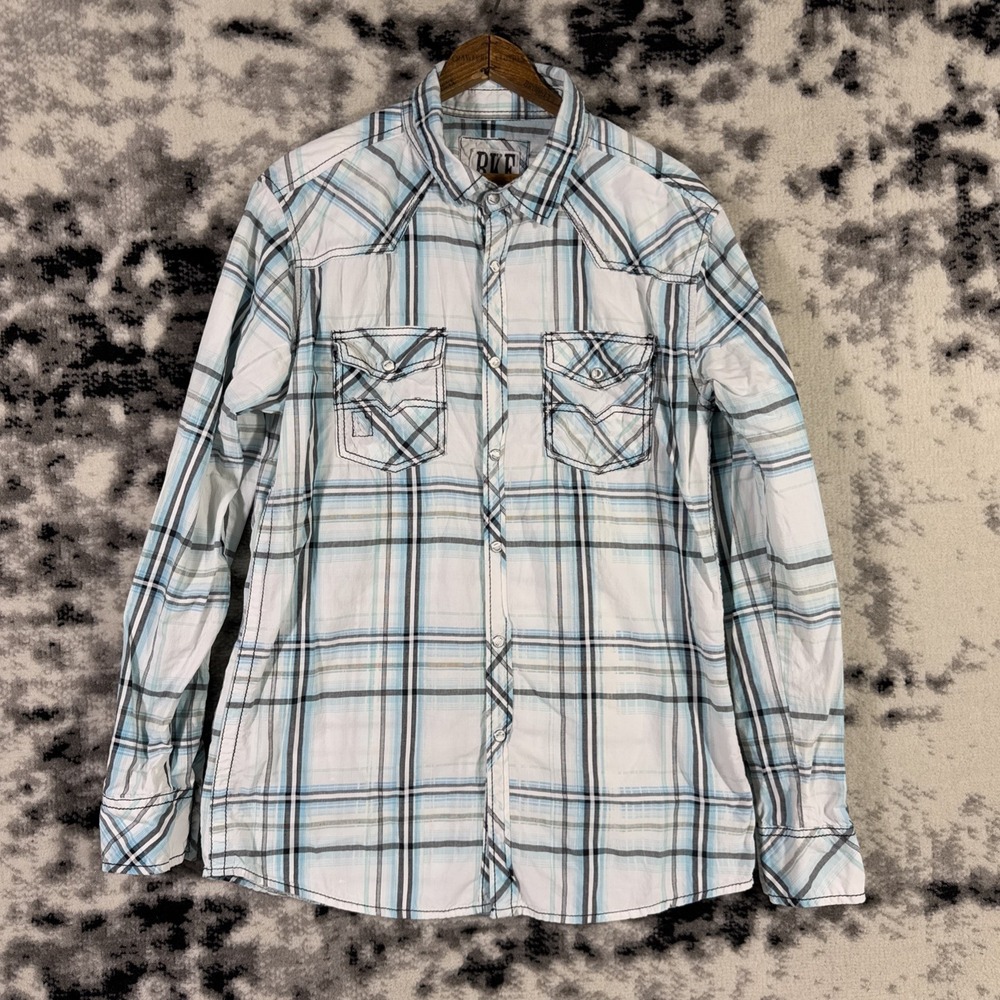 BKE Pearl Snap Shirt Mens Size Medium White Blue Cowboy Western Rodeo Rockabilly